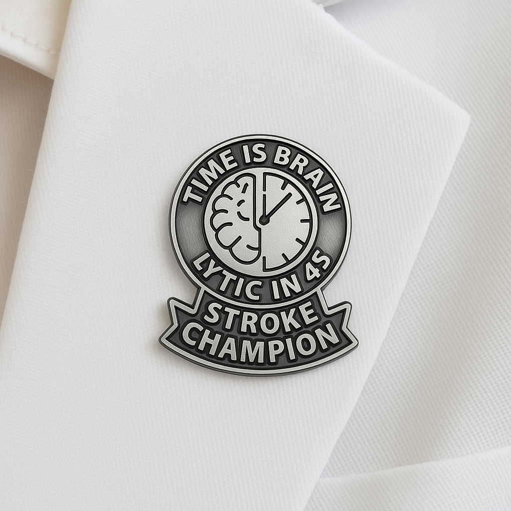 1" Stroke Thrombolytic Lapel/Badge Pin – Silver, 45-Min Door-to-Lytic Time, Military Clutch Back