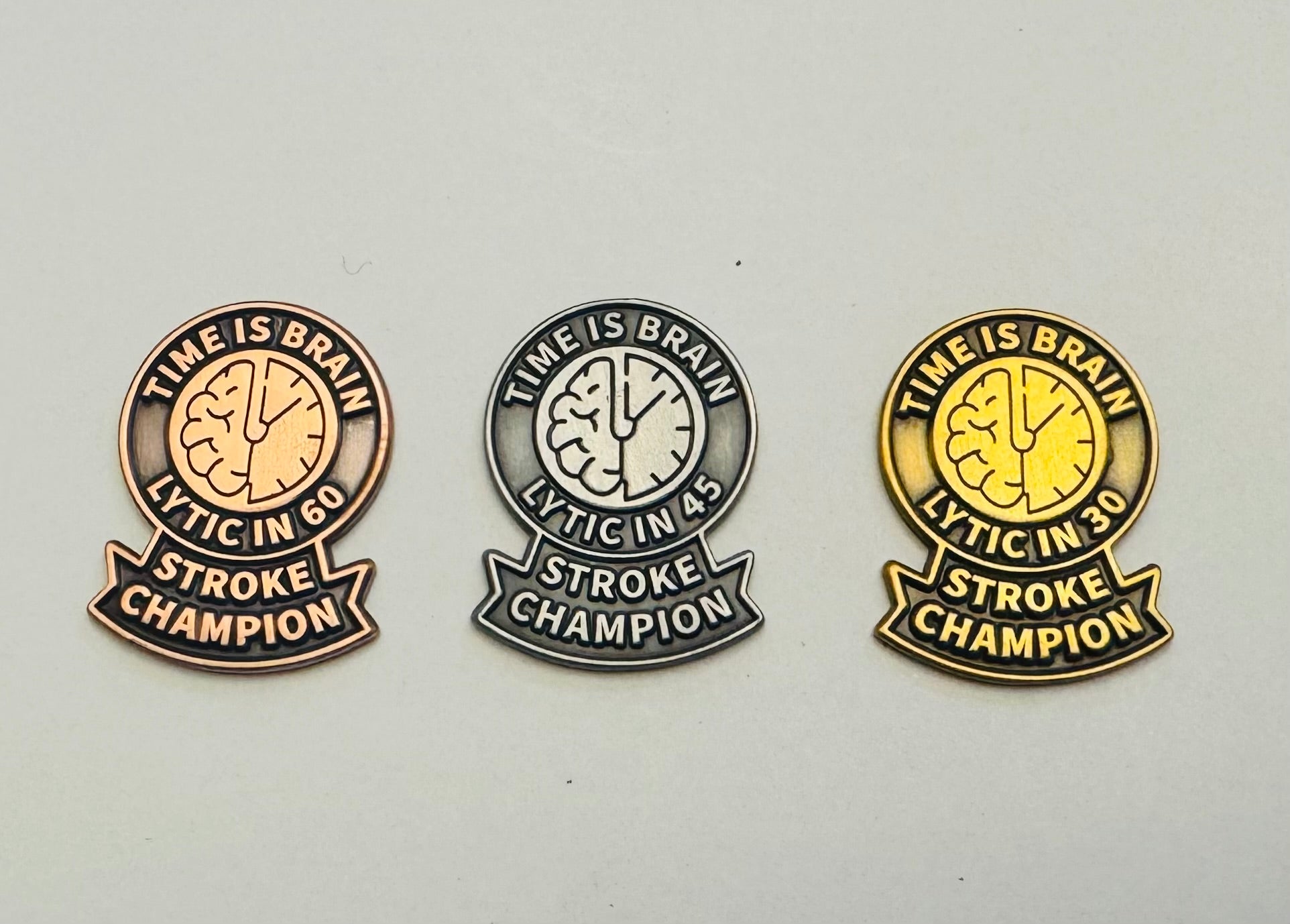 Stroke Team Lapel Pins: Gold, Silver, Bronze - Door-to-Lytic Recognition. Military Clutch Back